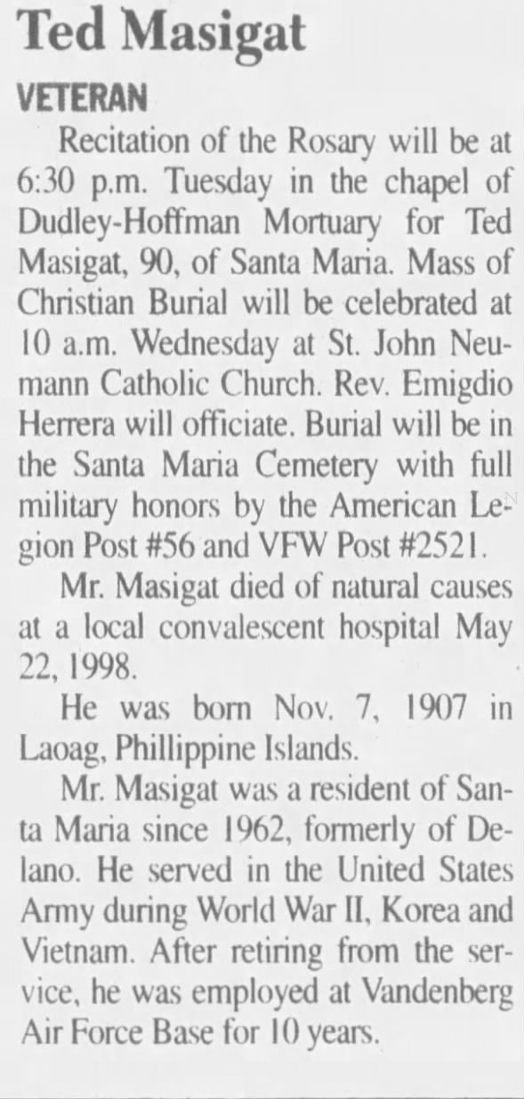 Obituary for Ted Masigat, 1907-1998 (Aged 90)